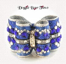 Dog Bow-Petite Full Size, Batik Blue, Crystal and Glitter