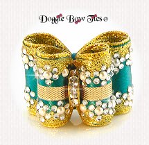 Dog Bow-Petite Full Size, Jade Blue, Crystal, Pearl, and Glitter