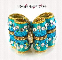 Dog Bow-Petite Full Size, Tornado Blue, Crystal and Glitter