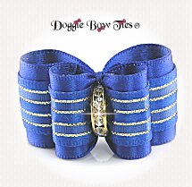 Dog Bow-Petite Full Size, Royal Blue Satin with Gold Tinsel Stripes