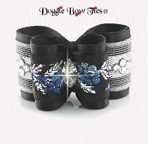 Dog Bow-Petite Full Size, Metallic Floral Jacquard, Crystal Marquis, Blue