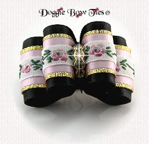 Dog Bow-Petite Full Size, Black Satin with Soft Pink Rose Band