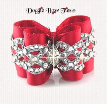 Dog Bow- Full Size Petite Silver Red Crystal