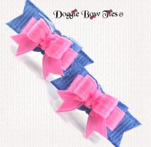 Dog Bow-Maltese Pairs, Micro Tiny Ties Stonewash Denim and Pink