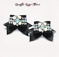 Dog Bow-Maltese Pairs, Bow Ties, Crystal, Pearls, Black Satin