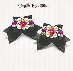 Dog Bow-Maltese Pairs, Bow Ties, Fuchsia Crystal, Black Satin