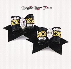 Dog Bow-Maltese Pairs, Bow Ties, Crystal, Black and Gold Braid