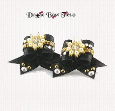 Dog Bow-Maltese Pairs, Bow Ties, Crystal, Pearl Flower, Black