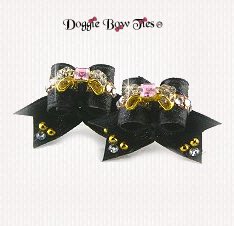 Dog Bow-Maltese Pairs, Bow Ties, Crystal, Black/Gold Bow