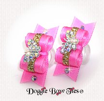  Maltese Pairs Dog Bow-Candy Pink Butterfly