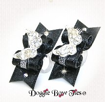  Maltese Pairs Dog Bow-Black Satin Crystal Angel Wings