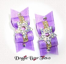  Maltese Pairs Dog Bow-Lilac Satin Crystal Star