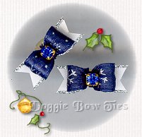 Dog Bow- Holiday, maltese pairs,Navy Satin Silver Snowflake