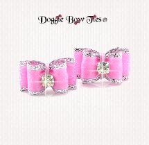 Dog Bows-Maltese Pairs, SL Flatback, Pink with Silver Edge