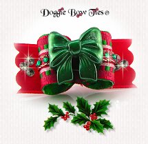 Dog Bow, SL Puppy Size-Christmas Red Print, Green Bow