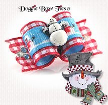 Dog Bow-Tiny Ties, Holiday Christmas, Red Gingham Snowman