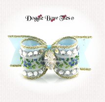 Dog Bow-SL, Embroidered Rose, Crystal, Pastel Blue