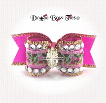 Dog Bow-SL, Embroidered Rose, Crystal, Shocking Pink