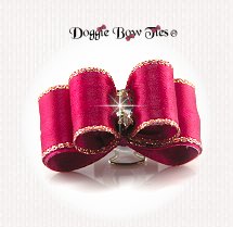 Dog Bow-Puppy DL Size, Raspberry with gold edge, Marquis Crystal