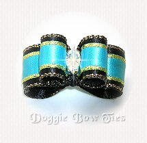 Puppy Size Dog Bow-Black and Turquoise Satin, Marquis Crystal