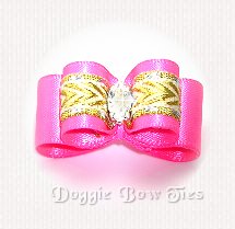 Puppy Size Dog Bow-Passion Fruit Satin andGold Chevron