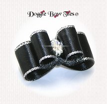 Dog Bow-Puppy Size DL, Black with Silver Edge, Crystal Marquis