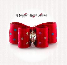 Dog Bow-Pyppy DL, Metallic Rainbow Dots, Red
