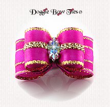 Dog Bow-Puppy Size, Shocking Pink Organza Stripe, Crystal Marquis AB