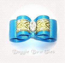 Puppy Size Dog Bow-Vivid Blue Satin , Gold Chevron,with Marquis crystal
