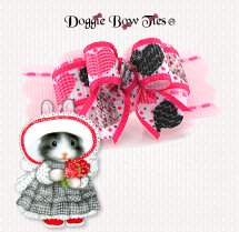 Dog Bow-Tiny Ties, Coral, Grey, Black Calico Hearts