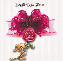 Dog Bow~Tiny Ties, Gold Stitch Raspberry Rose