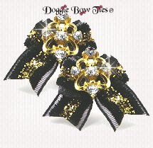 Dog Bow-Maltese Pairs, Black Lace with gold, Gems