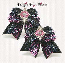 Dog Bow-Maltese Pairs, Velvets, Black and Pink Glitter w/Gems