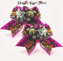 Dog Bow-Maltese Pairs, Fuchsia and Gold Gem Cluster