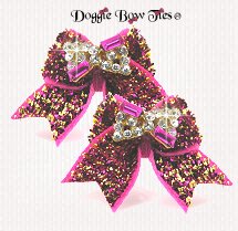 Dog Bow-Maltese Pairs, Velvet Fuchsia & Gold Crystal Bow