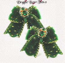 Dog Bow-MaltesePairsVelvet, Green with Gold Dot