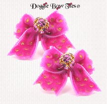 Dog Bow-MaltesePairsVelvet, Hot Pink Gold Dot