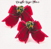 Dog Bow-MaltesePairsVelvet, Red with Green Tinsel Stitch