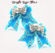 Dog Bow-MaltesePairsVelvet, Turquoise, Silver Thread