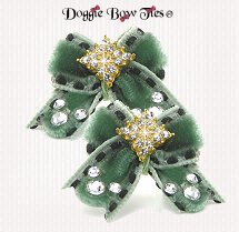 Dog Bow-Maltese Pairs, Sage Green Velvets with Gold Gems