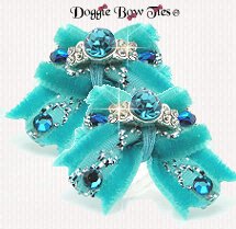 Dog Bow-Maltese Pairs, Velvet, Turquoise with Gems