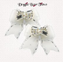 Dog Bow-Maltese Pairs, Velvet, White with silver Crystal Bow